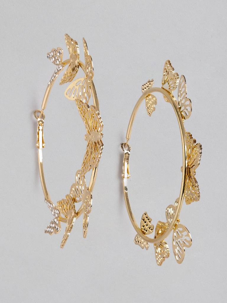 Gold-Plated Cz-Studded Butterfly Hoop Earrings : FJE4382