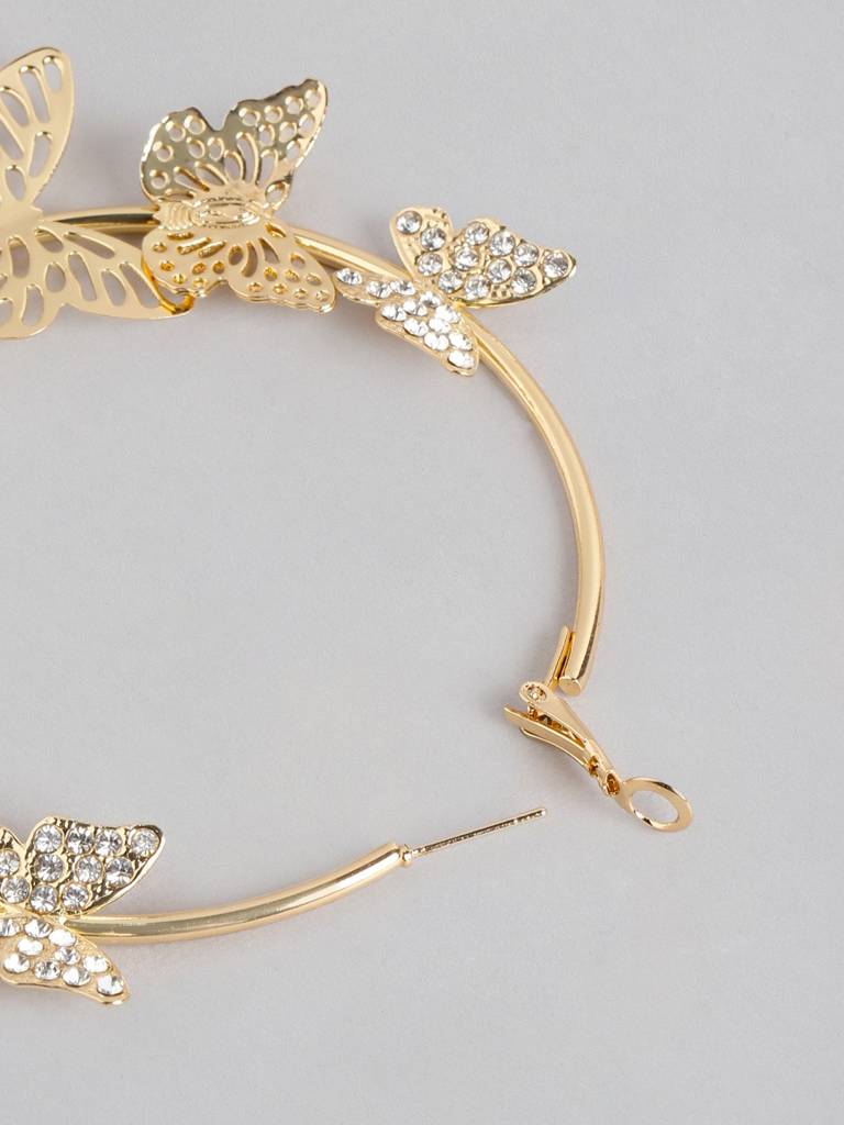Gold-Plated Cz-Studded Butterfly Hoop Earrings : FJE4382