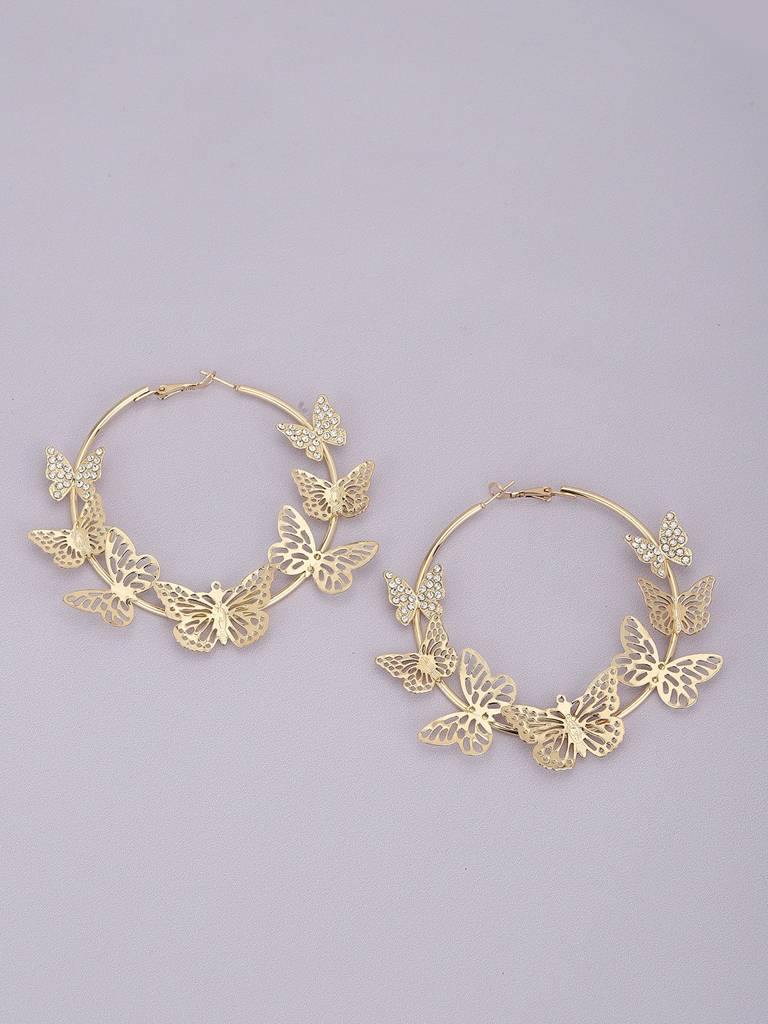 Gold-Plated Cz-Studded Butterfly Hoop Earrings : FJE4382