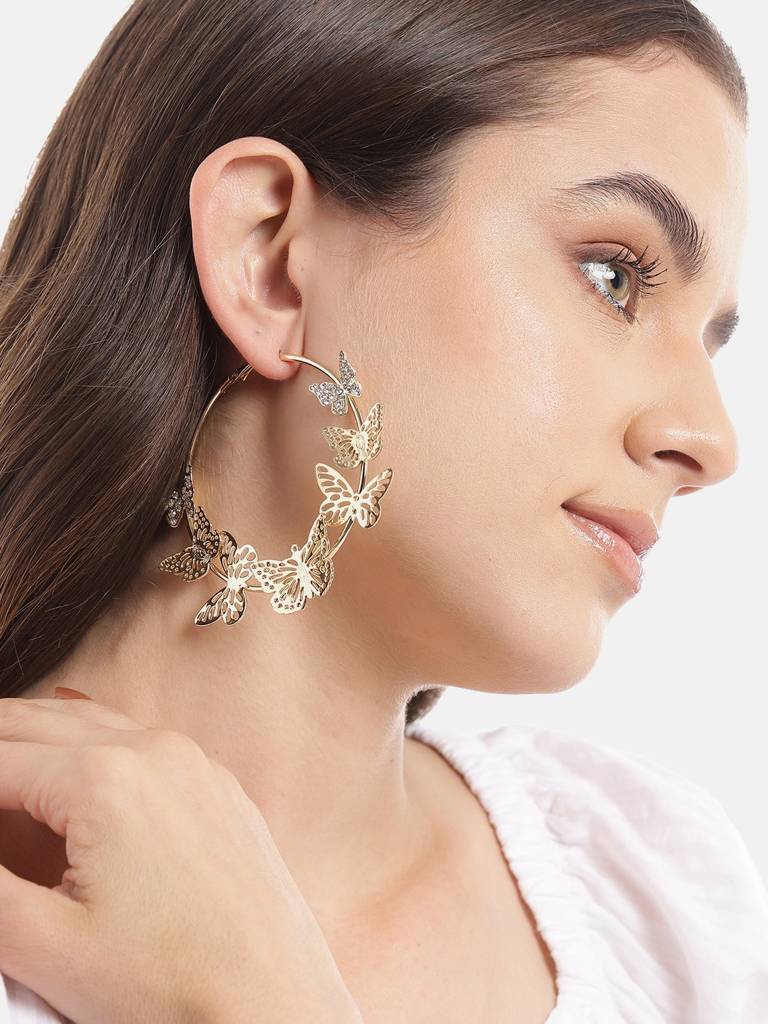 Gold-Plated Cz-Studded Butterfly Hoop Earrings : FJE4382