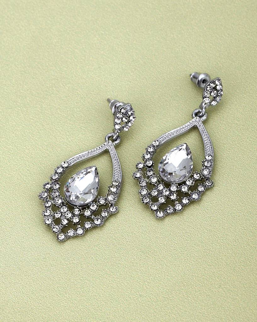 Carlton London Rhodium-Plated Crystal Studded Teardrop Shaped Drop Earrings : FJE4388