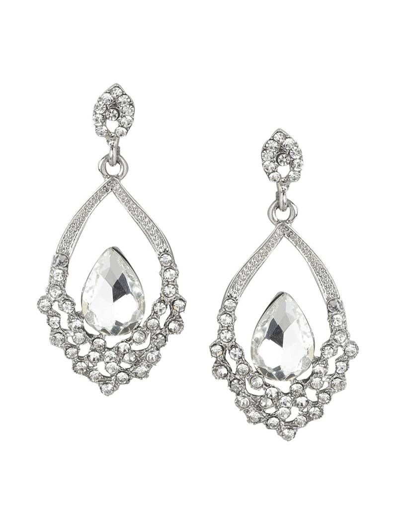 Carlton London Rhodium-Plated Crystal Studded Teardrop Shaped Drop Earrings : FJE4388