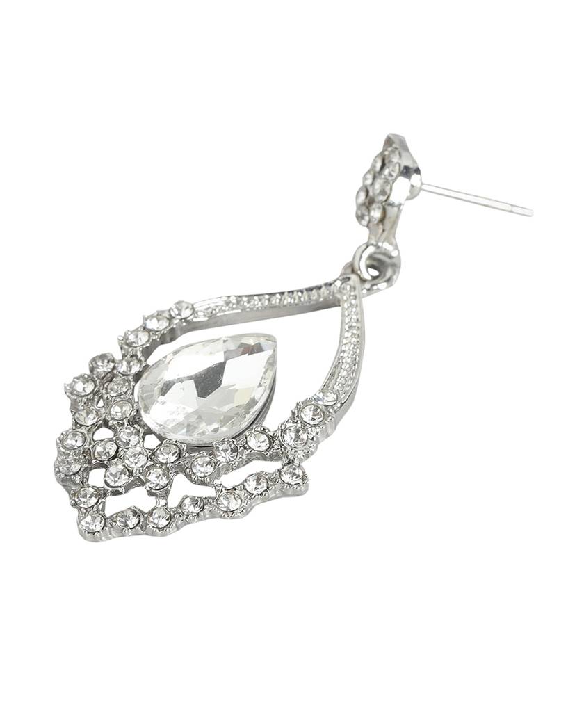 Carlton London Rhodium-Plated Crystal Studded Teardrop Shaped Drop Earrings : FJE4388