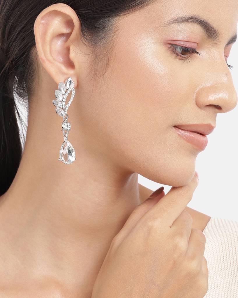 Carlton London Premium Rhodium-Plated Crystal-Studded Drop Earrings : FJE4390