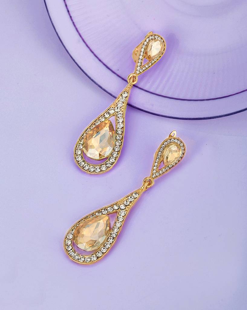 Carlton London Rose Gold-Plated Crystal-Studded Teardrop Shaped Classic Drop Earrings : FJE4395