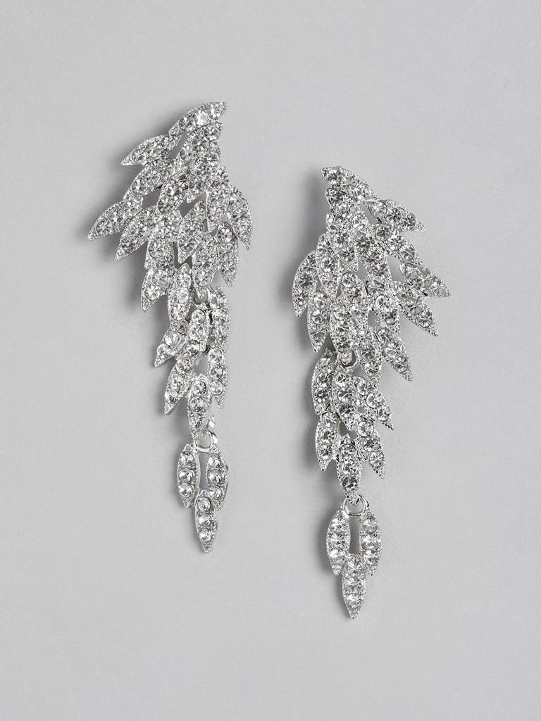 Women Rhodium-Plated Cz-Studded Contemporary Drop Earrings : FJE4401