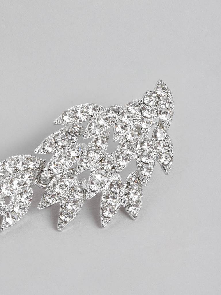 Women Rhodium-Plated Cz-Studded Contemporary Drop Earrings : FJE4401