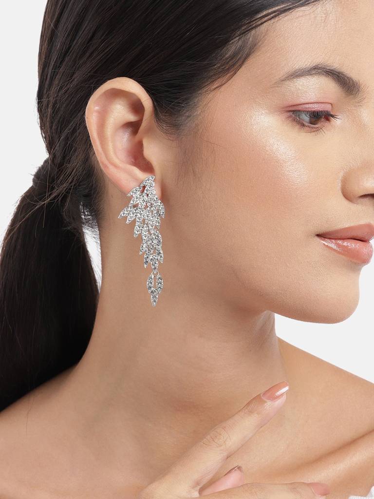 Women Rhodium-Plated Cz-Studded Contemporary Drop Earrings : FJE4401