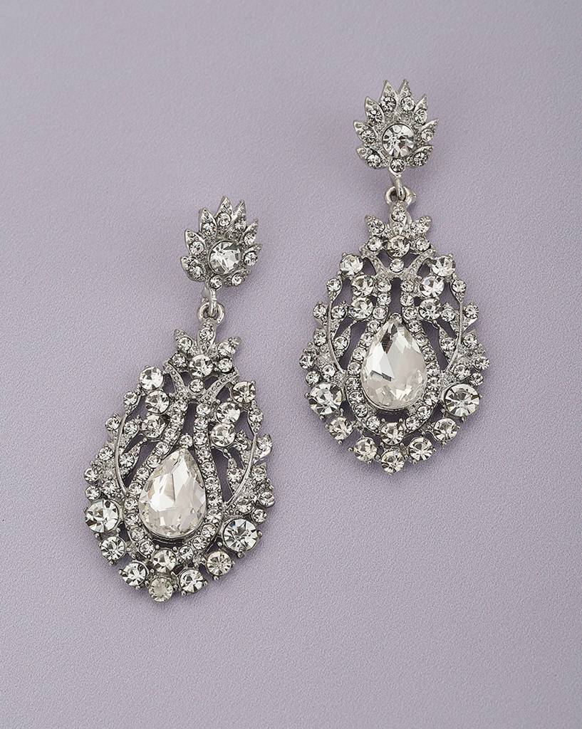 Leaf Design Earrings Teardrop Shape Studded with Sparkling Cubic Zirconia Rhodium on Sterling Silver Leaf Design Earrings Teardrop Shape Studded with Sparkling Cubic Zirconia Rhodium on Sterling Silver