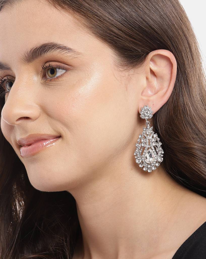 Rhodium-Plated Cz Studded Teardrop Shaped Drop Earrings : FJE4404