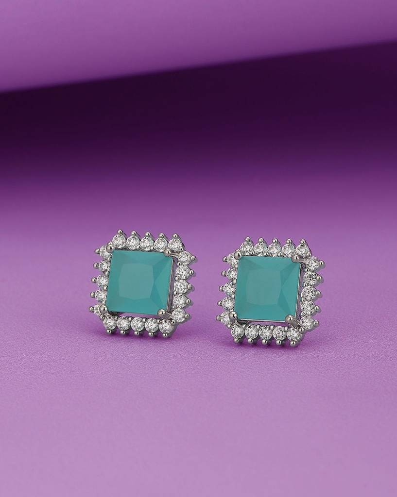 Carlton London Women Rhodium-Plated Turquoise Stone Studs Earrings : FJE4409