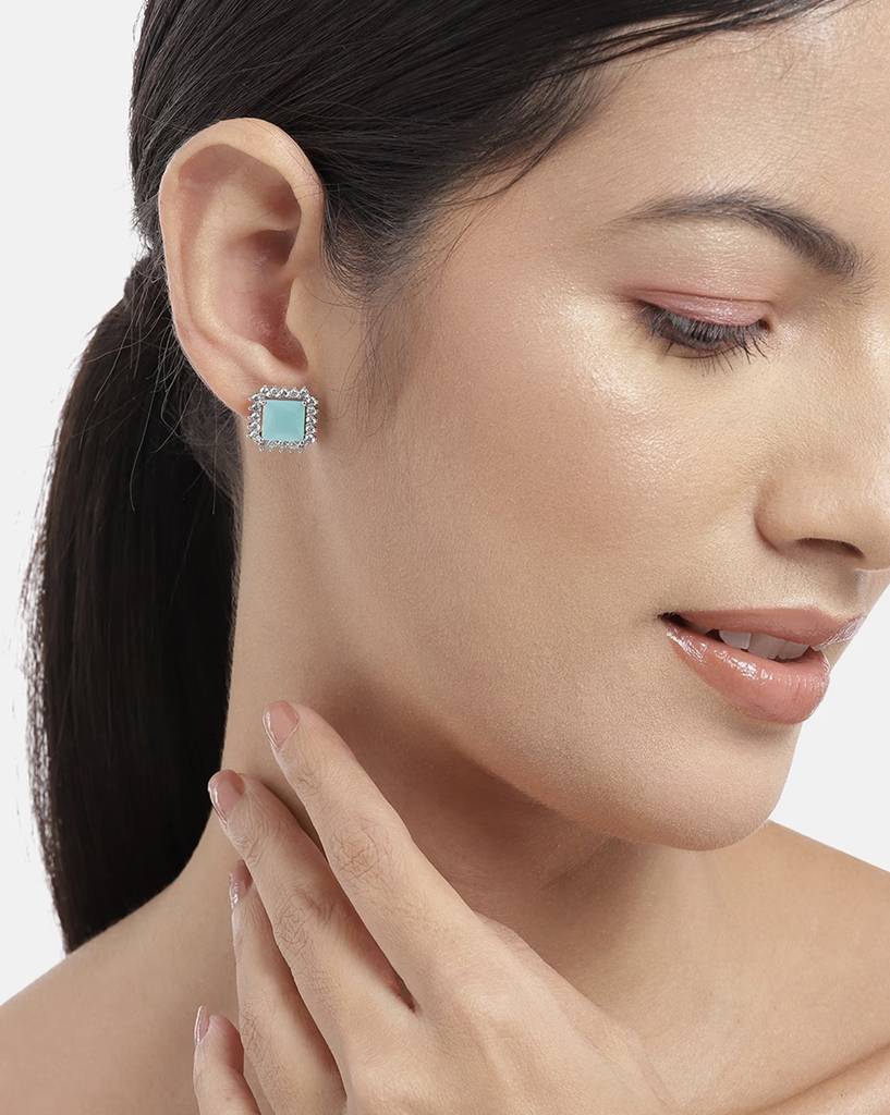Carlton London Women Rhodium-Plated Turquoise Stone Studs Earrings : FJE4409