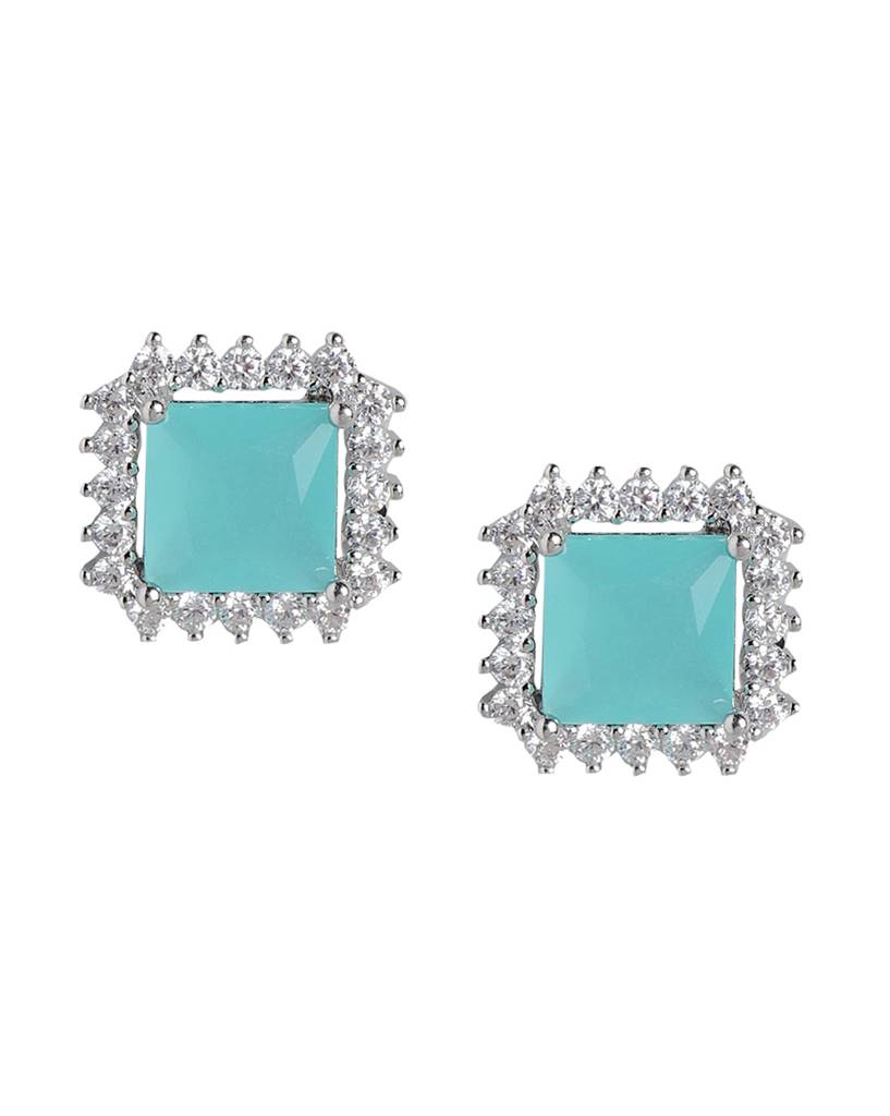 Carlton London Women Rhodium-Plated Turquoise Stone Studs Earrings : FJE4409