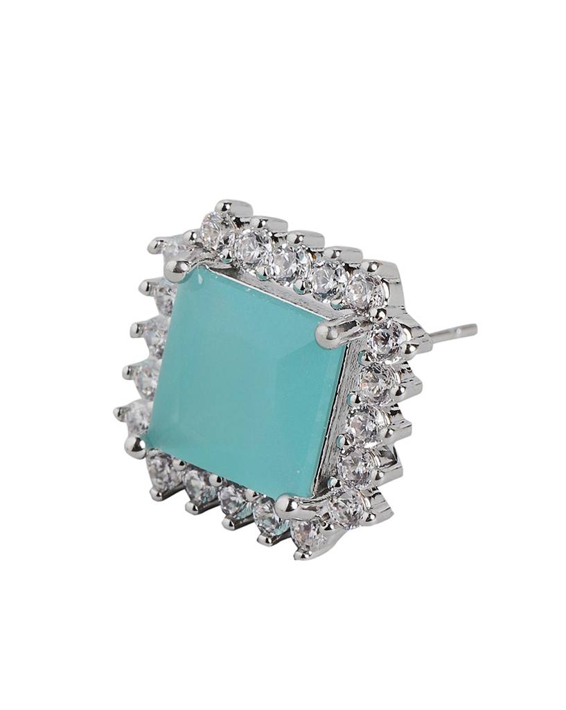 Carlton London Women Rhodium-Plated Turquoise Stone Studs Earrings : FJE4409