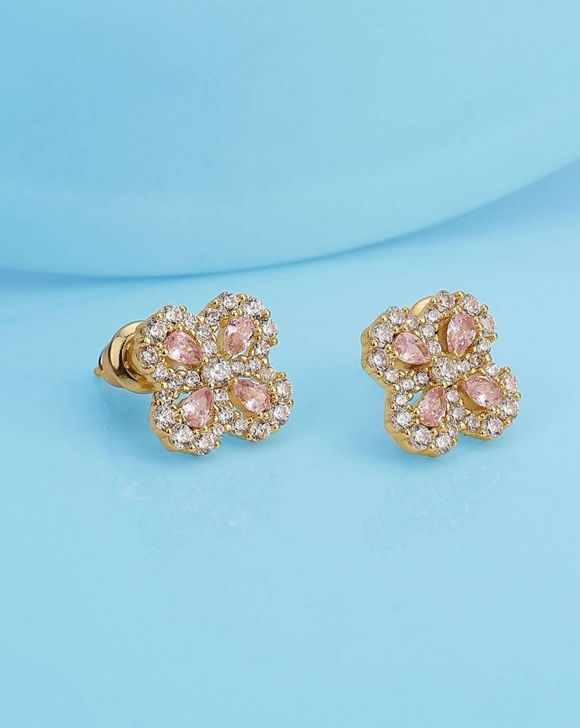Carlton London Women Gold-Plated Cz Studded Floral Studs Earrings : FJE4421