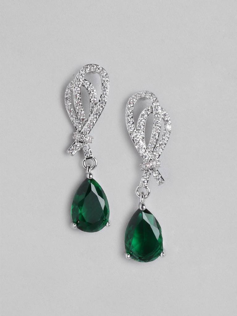 Women Rhodium-Plated Cz-Studded Teardrop Shaped Drop Earrings : FJE4431