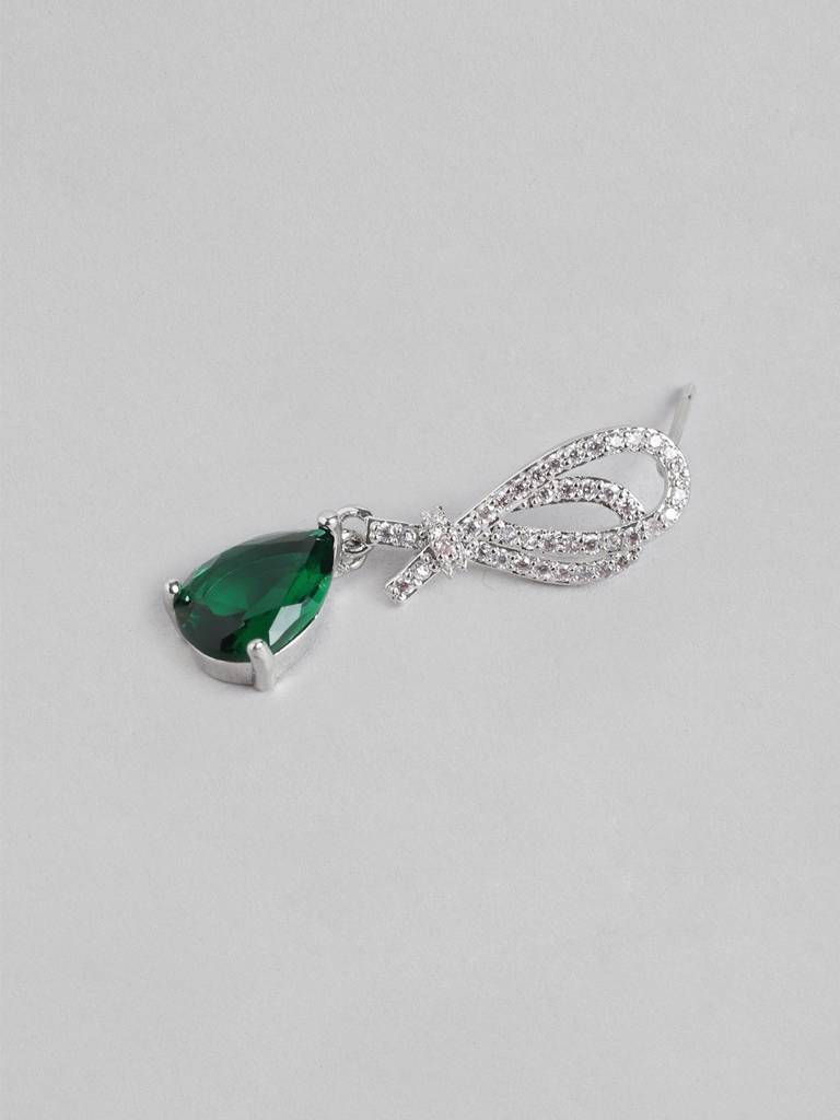 Women Rhodium-Plated Cz-Studded Teardrop Shaped Drop Earrings : FJE4431