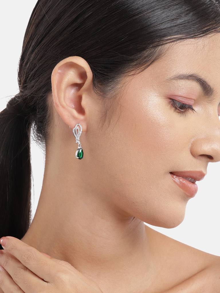 Women Rhodium-Plated Cz-Studded Teardrop Shaped Drop Earrings : FJE4431