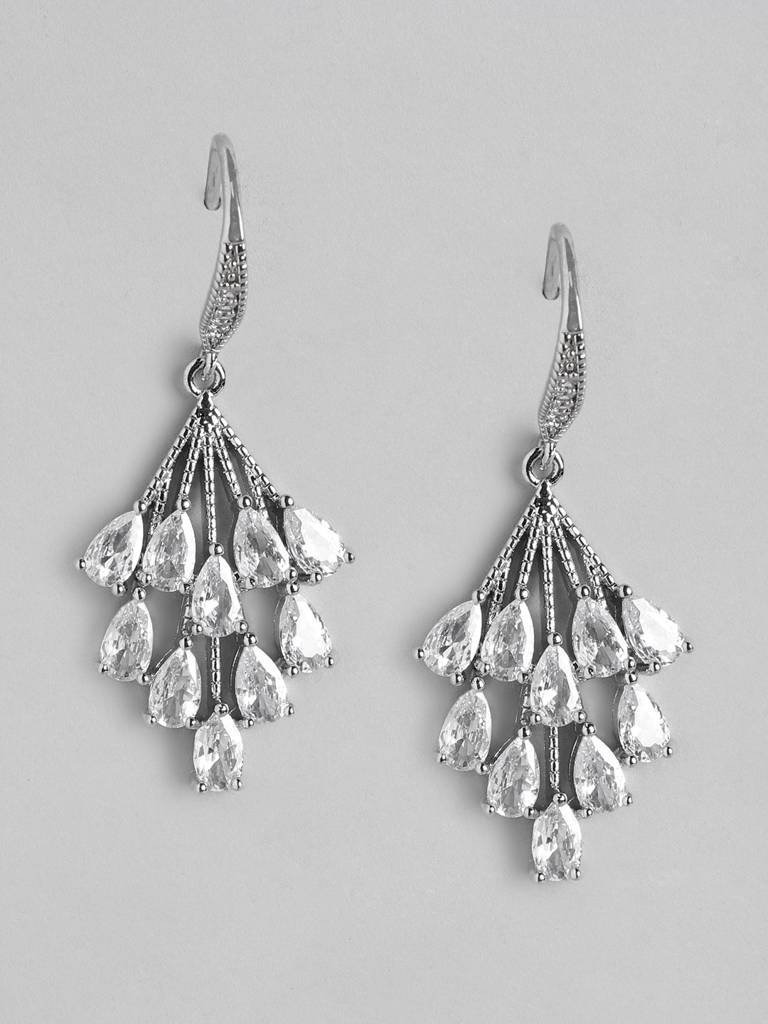 Women Rhodium-Plated Cz-Studded Drop Earrings : FJE4439