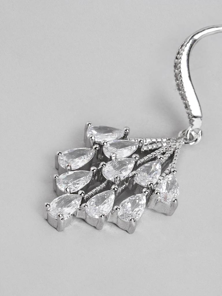 Women Rhodium-Plated Cz-Studded Drop Earrings : FJE4439