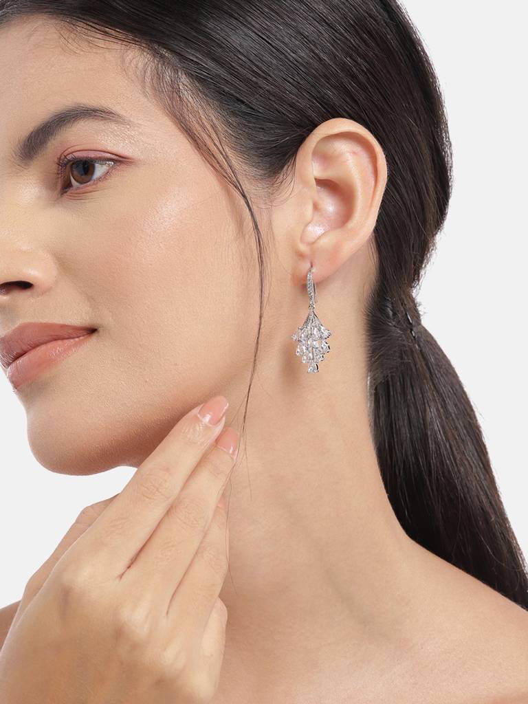 Women Rhodium-Plated Cz-Studded Drop Earrings : FJE4439
