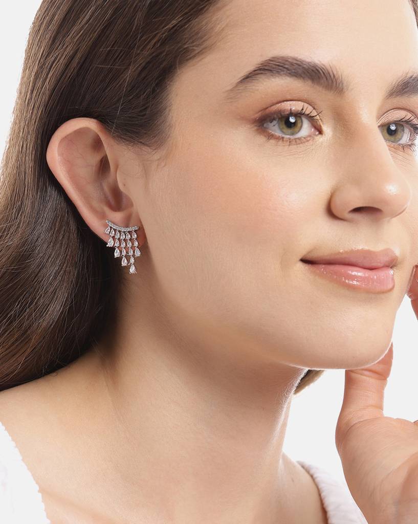 Carlton London Premium Rhodium-Plated Cz-Studded Contemporary Drop Earrings (One Size)