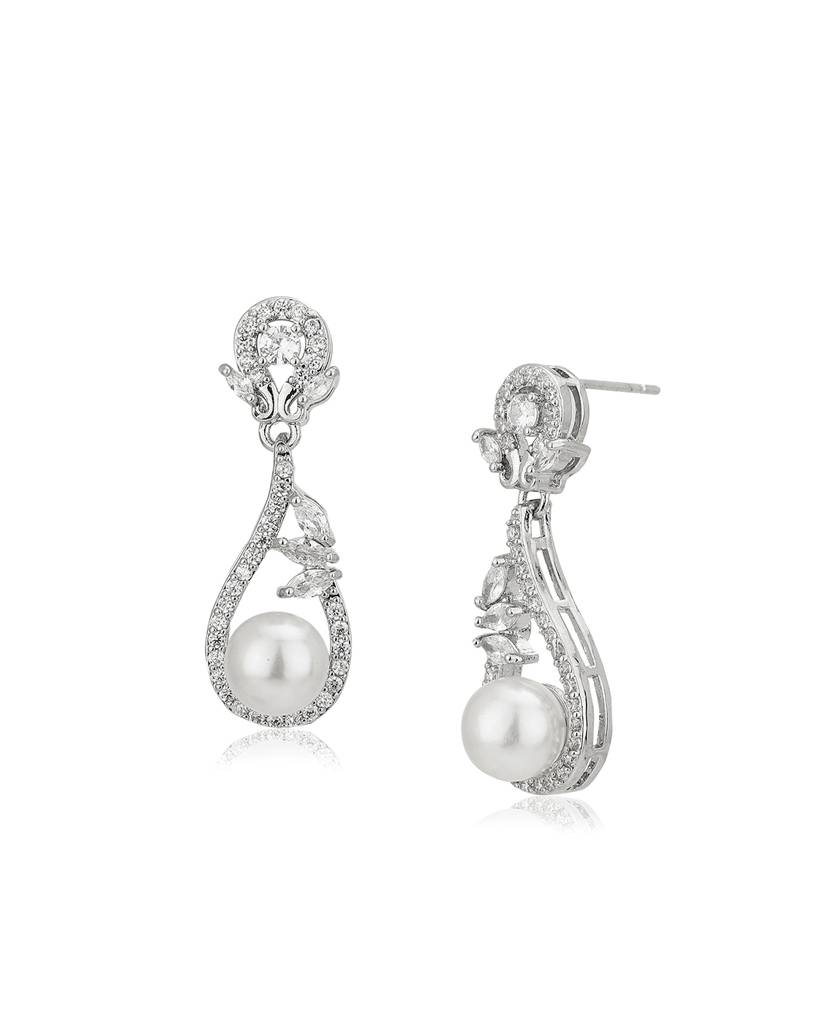 Carlton London Premium Rhodium-Plated Pearls Teardrop Shaped Drop Earrings : FJE4441