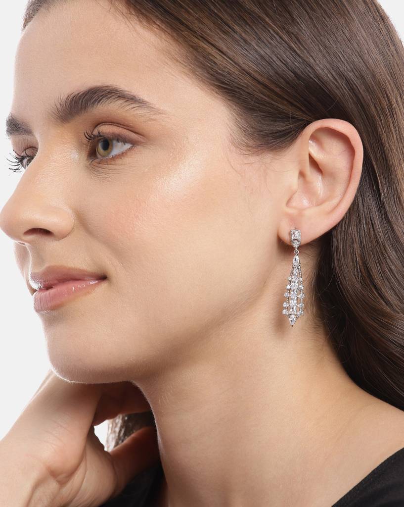Carlton London Premium Rhodium-Plated Cz Contemporary Drop Earrings : FJE4443