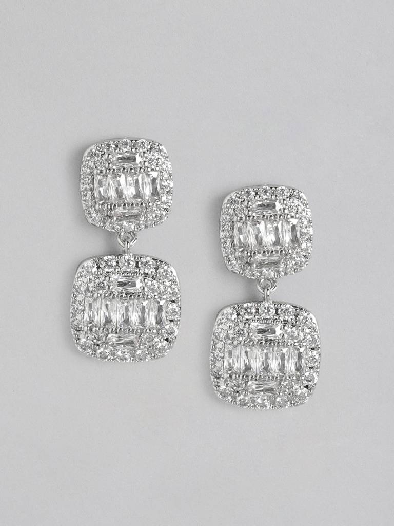 Premium Rhodium-Plated Cz Square Drop Earrings : FJE4447