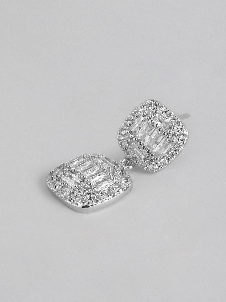 Premium Rhodium-Plated Cz Square Drop Earrings : FJE4447