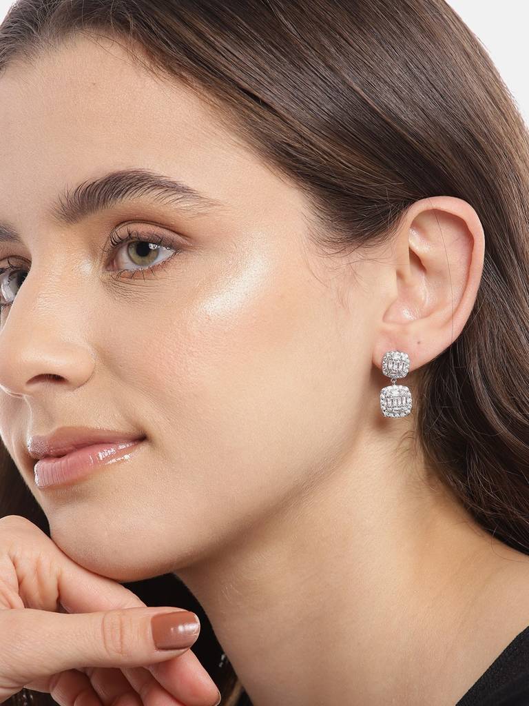 Premium Rhodium-Plated Cz Square Drop Earrings : FJE4447
