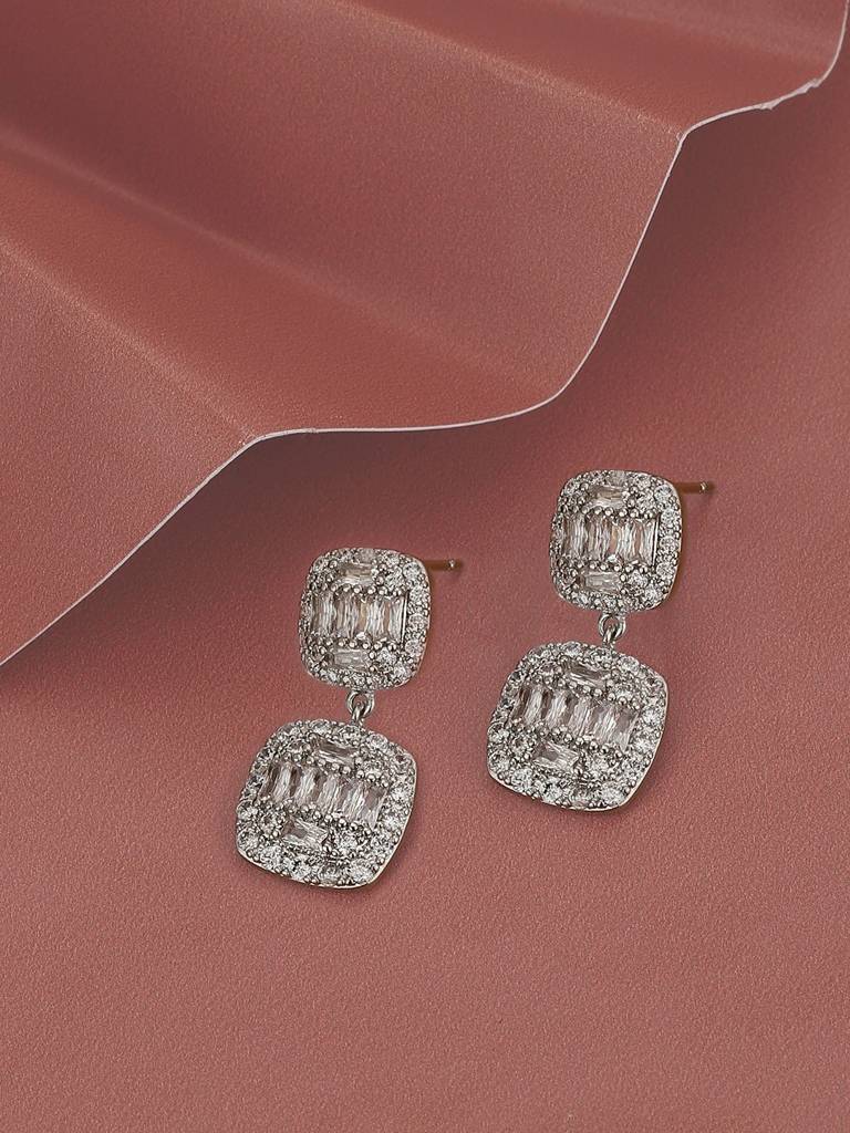 Premium Rhodium-Plated Cz Square Drop Earrings : FJE4447