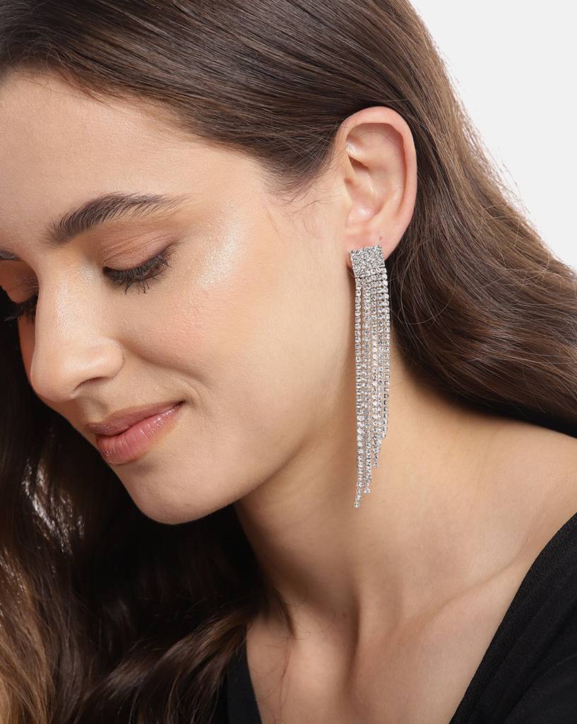 Rhodium-Plated Cz-Studded Contemporary Drop Earrings : FJE4591