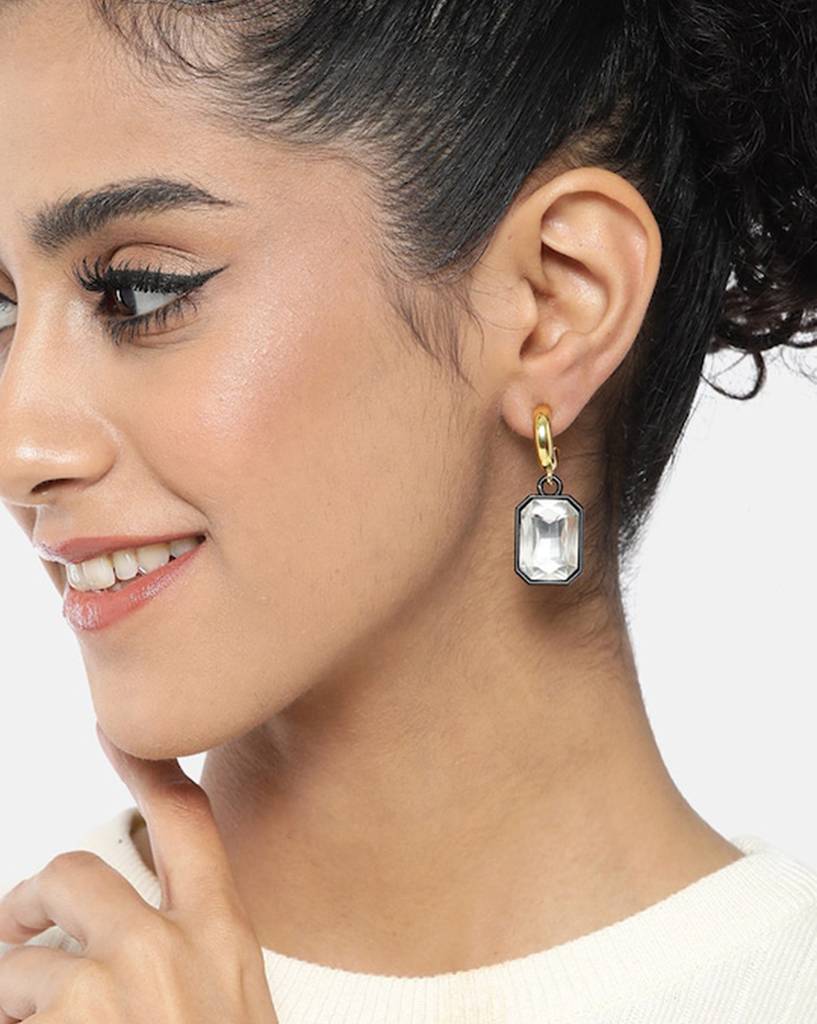 Carlton London Gold-Plated Crystals-Studded Square Drop Earrings : FJE4677
