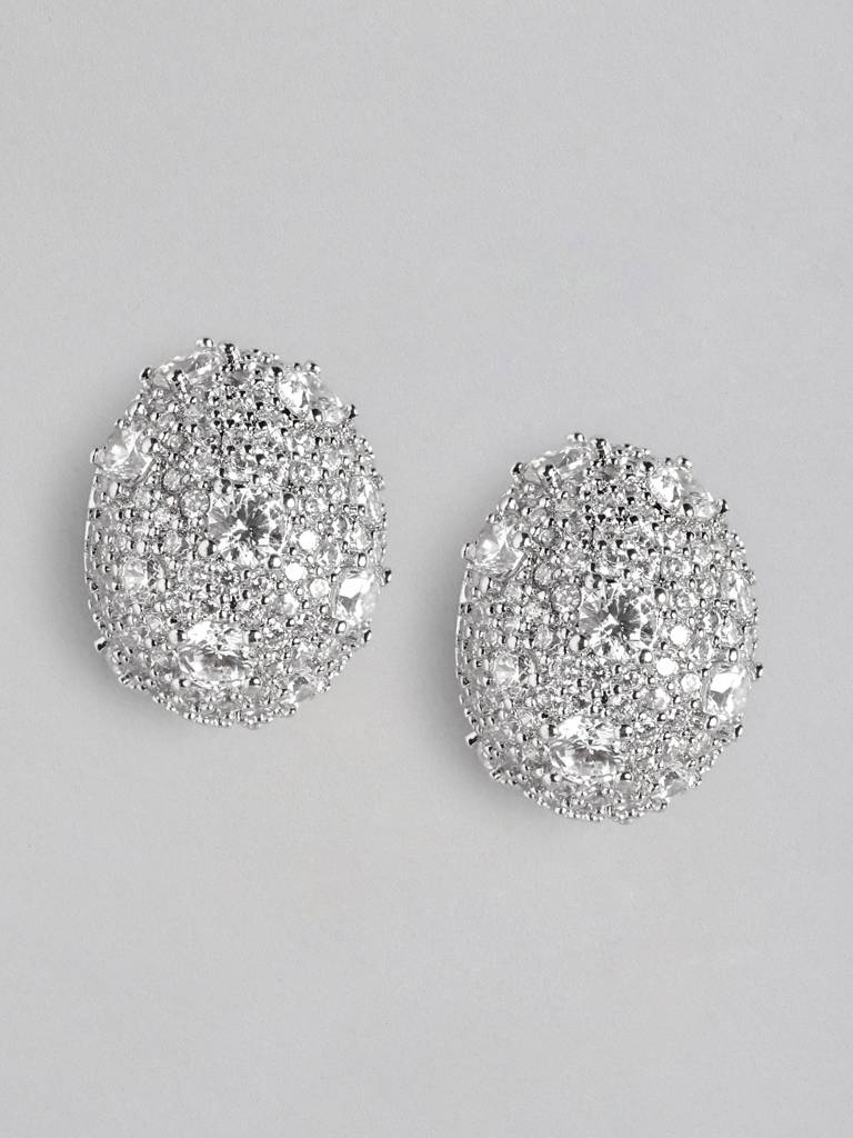 Women Silver-Plated Cz Studded Oval Studs Earrings : FJE4709