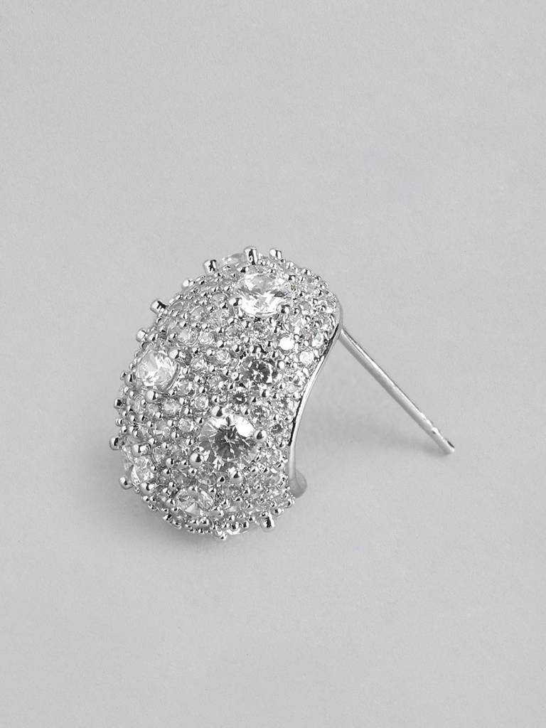 Women Silver-Plated Cz Studded Oval Studs Earrings : FJE4709