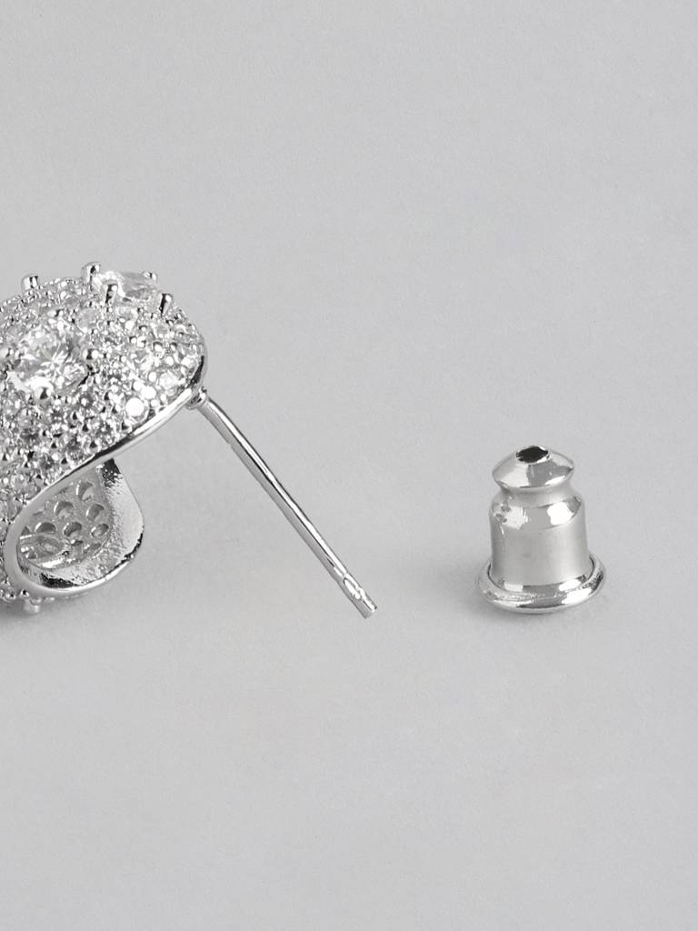 Women Silver-Plated Cz Studded Oval Studs Earrings : FJE4709