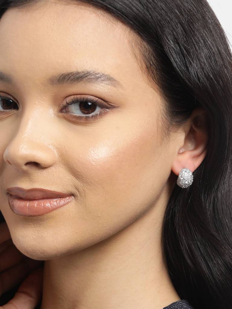 Women Silver-Plated Cz Studded Oval Studs Earrings : FJE4709