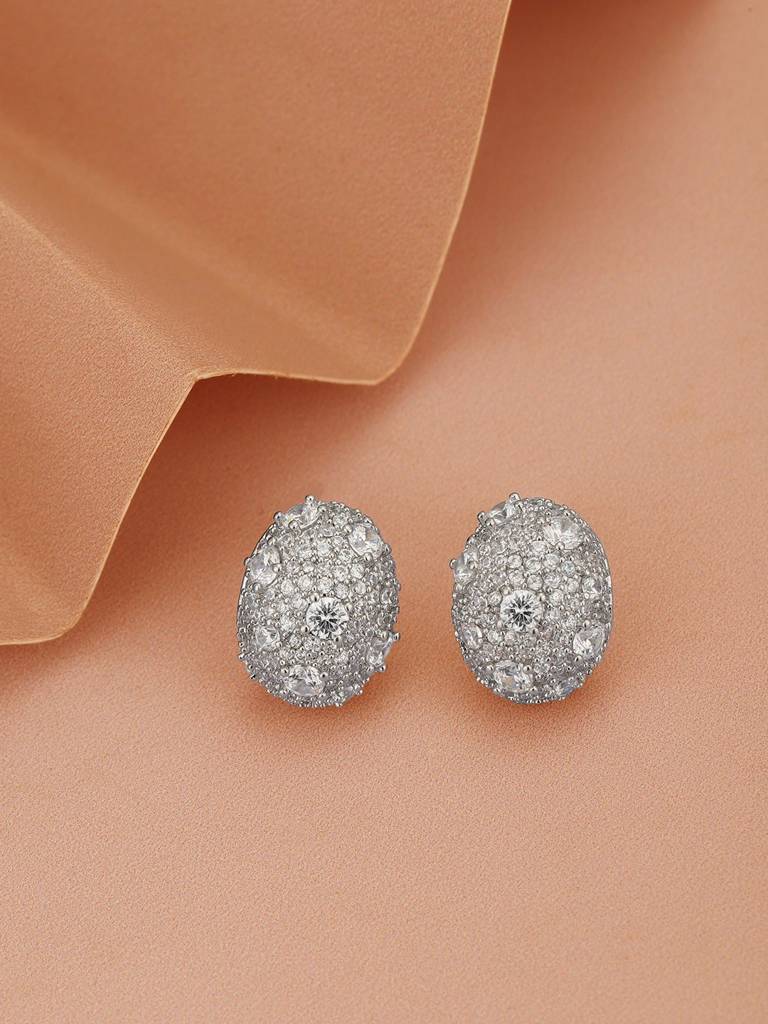 Women Silver-Plated Cz Studded Oval Studs Earrings : FJE4709