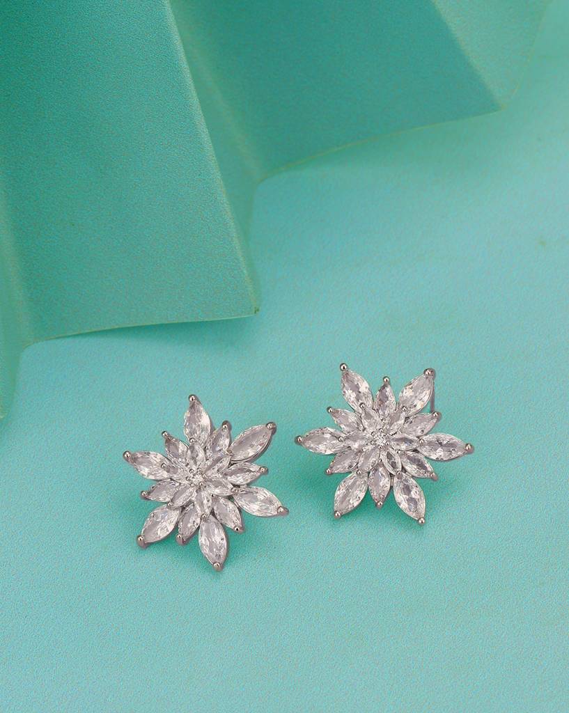 Carlton London Women Silver-Plated Cz Studded Floral Studs Earrings : FJE4712
