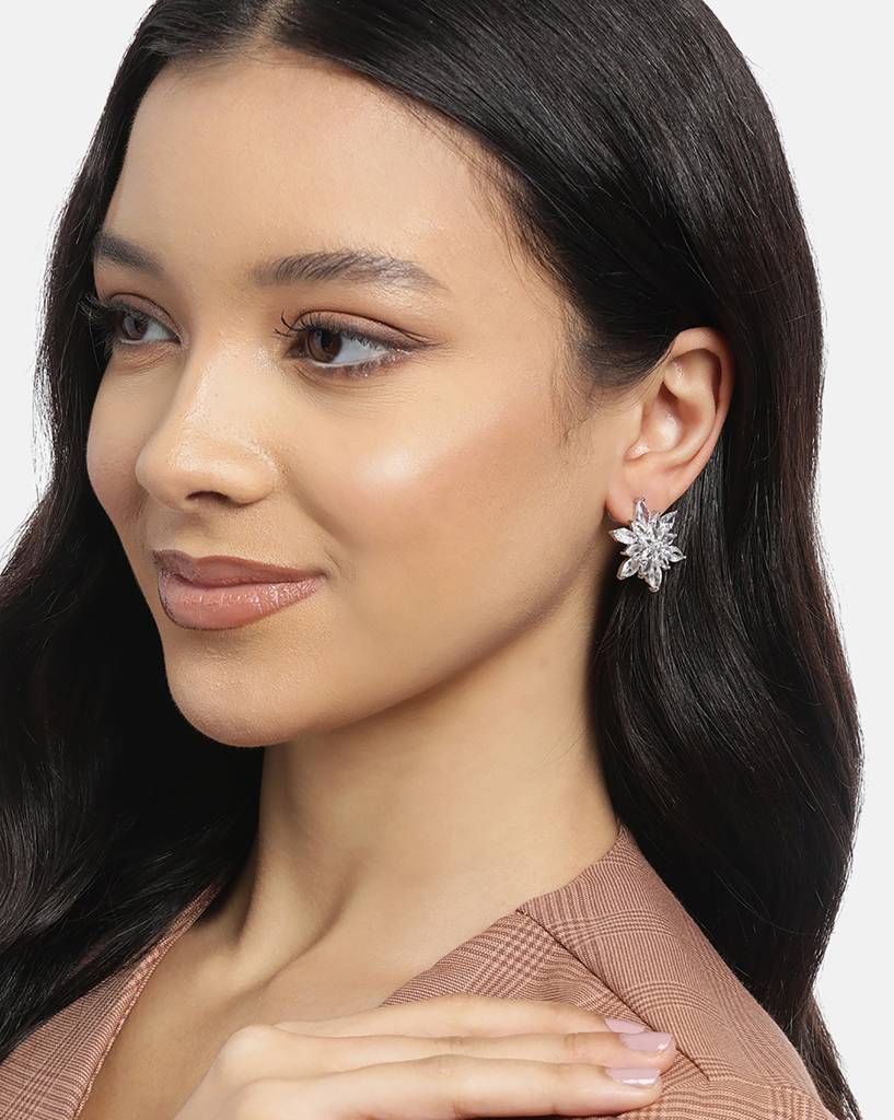 Carlton London Women Silver-Plated Cz Studded Floral Studs Earrings : FJE4712