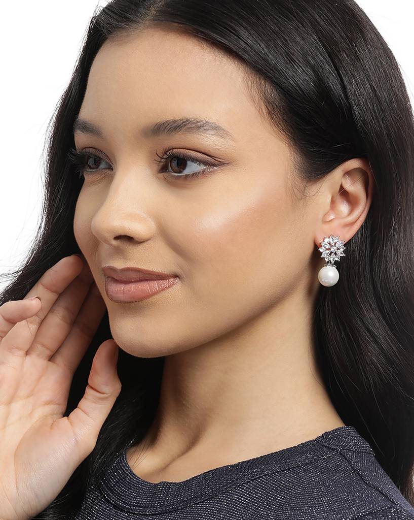 Women Silver-Plated Pearl Studded Floral Drop Earrings : FJE4719