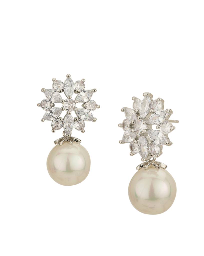 Women Silver-Plated Pearl Studded Floral Drop Earrings : FJE4719