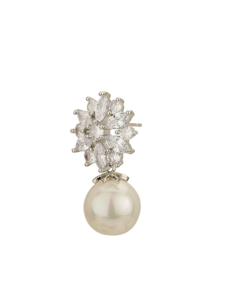 Women Silver-Plated Pearl Studded Floral Drop Earrings : FJE4719