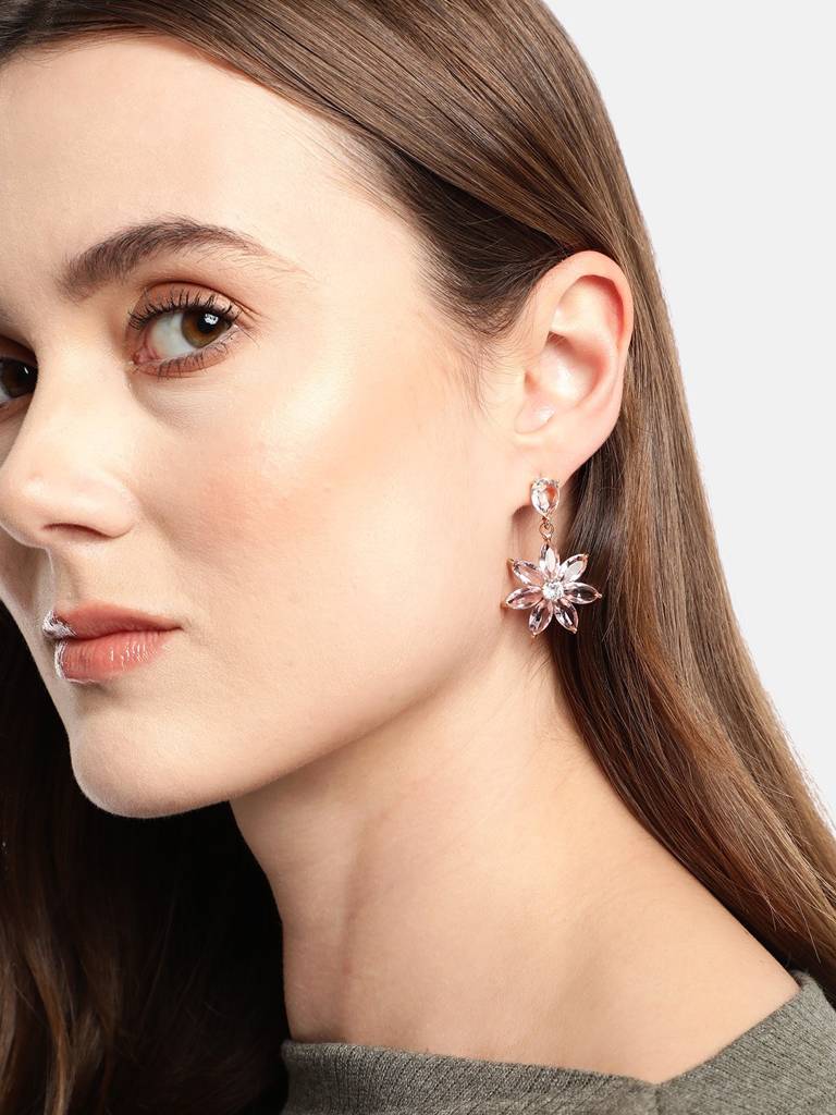 Gold-Plated Floral Crystal Drop Earrings : FJE4734