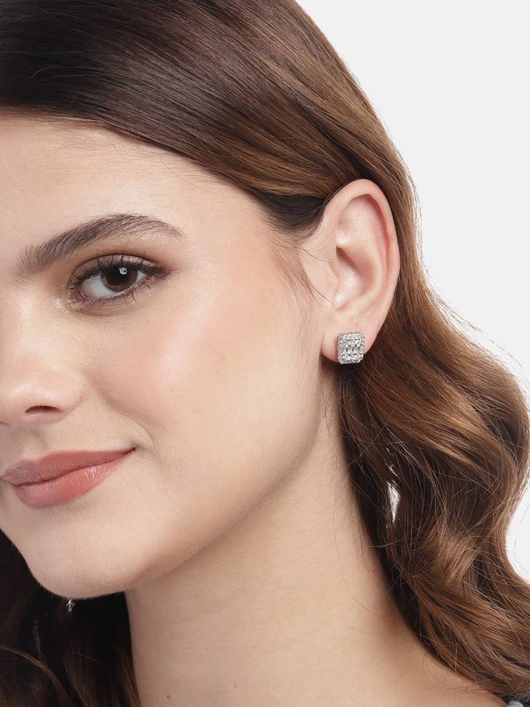 Silver-Plated Cubic Zirconia Square Studs : FJE4755