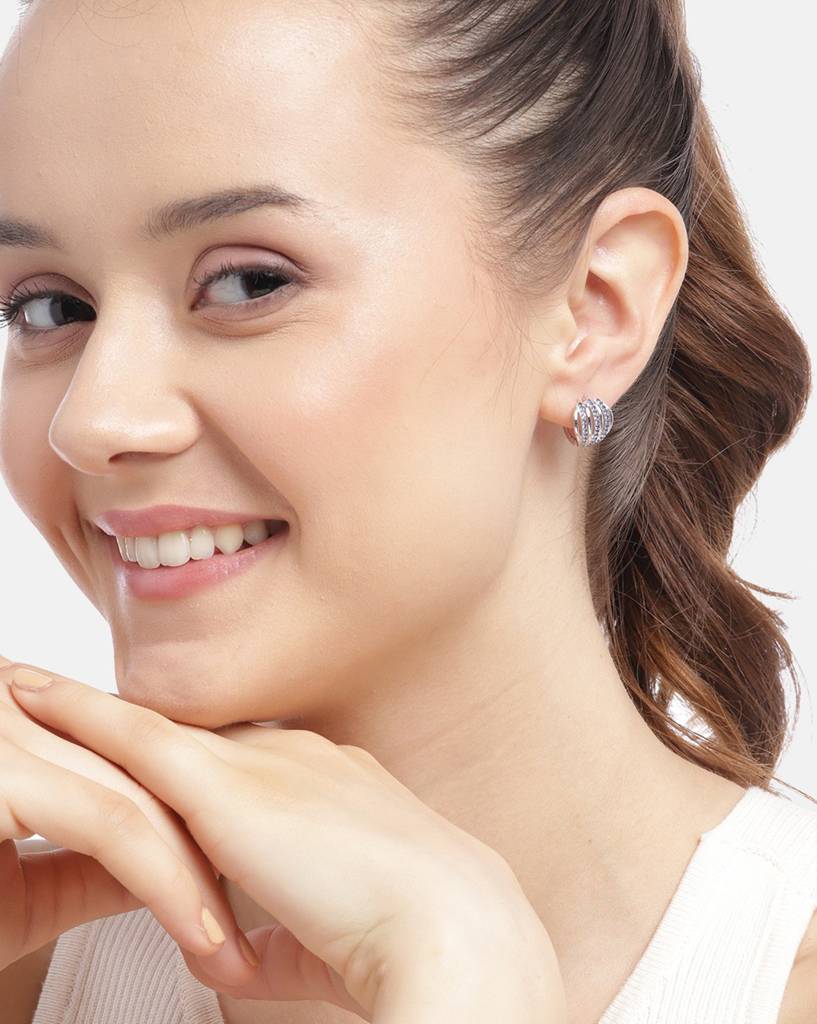 Carlton London Rhodium Plated With Cz Circular Fancy Hoop Earring : FJE4803
