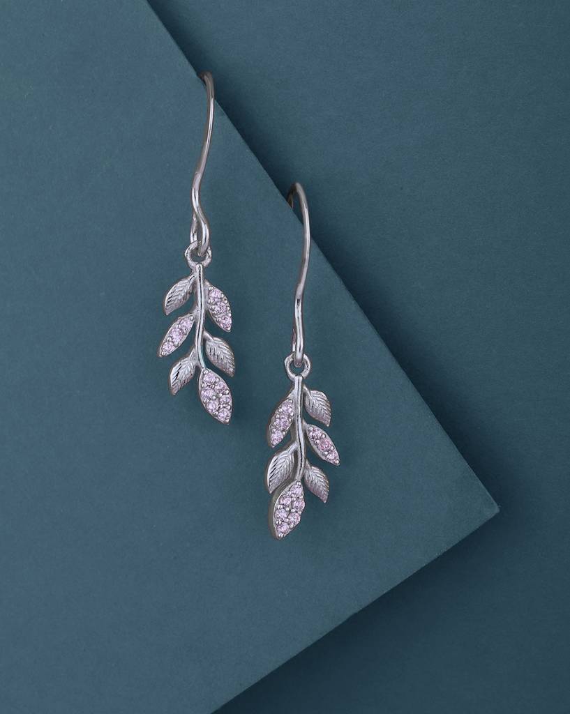 Rhodium-Plated Cubic Zirconia Leaf Shaped Drop Earrings : FJE4805