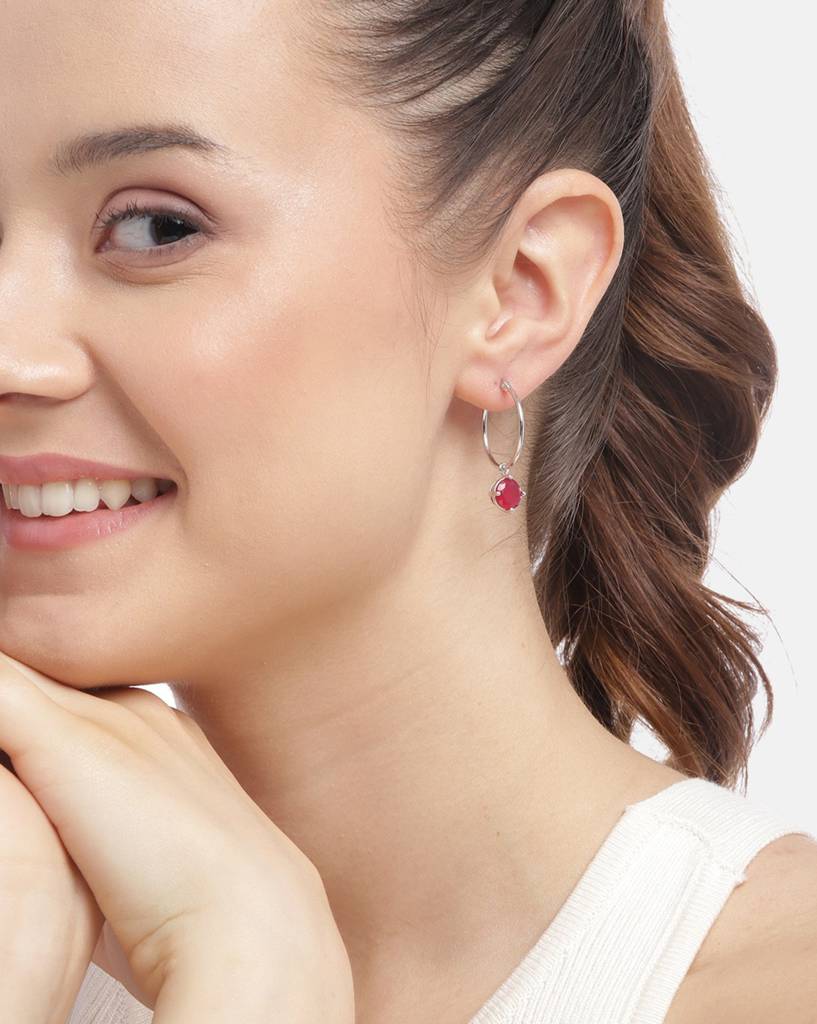 Carlton London Rhodium Plated With Red Ruby Hoop Earring : FJE4808