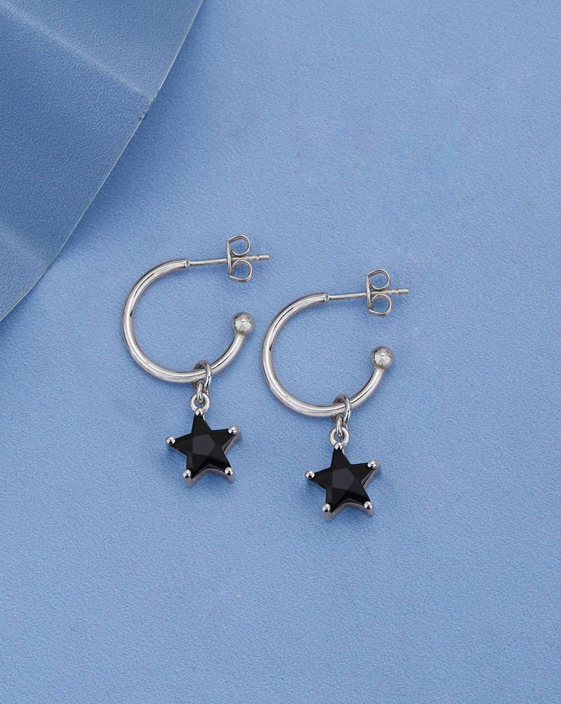 Carlton London Rhodium Plated Dangling Star Half Hoop Earrings : FJE4913